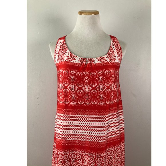 EMMA & MICHELE Maxi Dress Size Medium Red White Print Cut Out Back Knit Summer - Picture 2 of 7